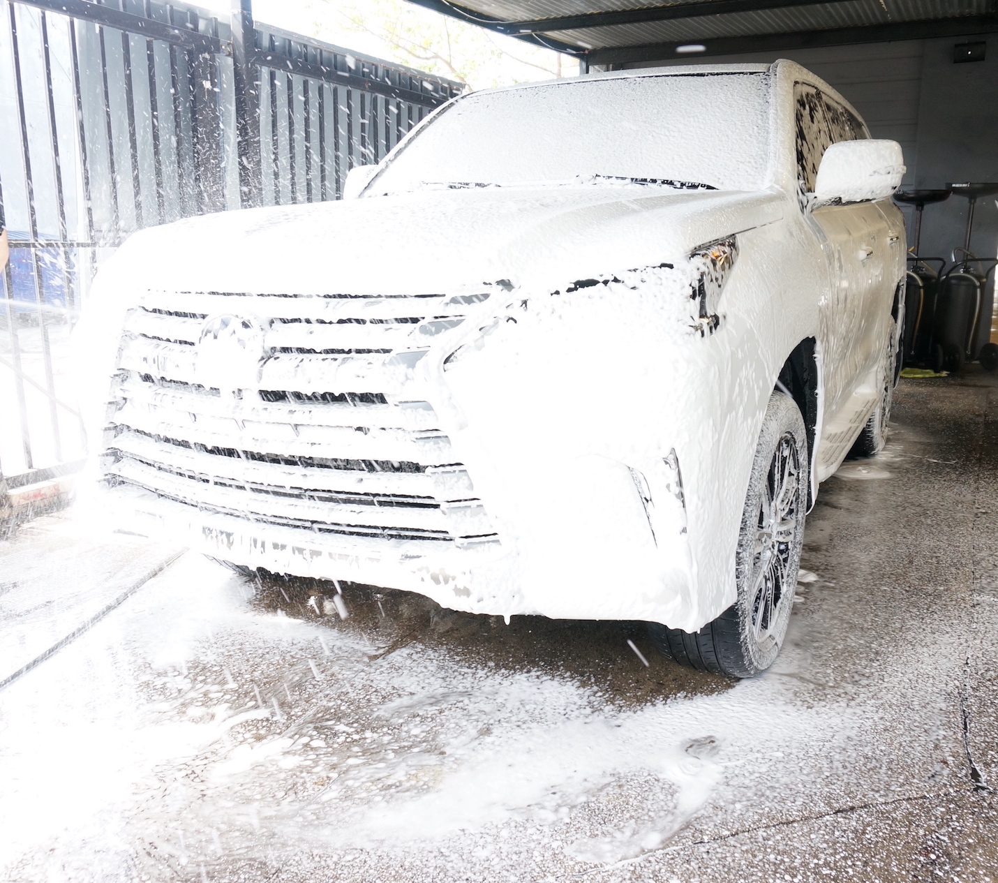 Lexus LX580 soaked in Shampoo suds from the foam cannon.